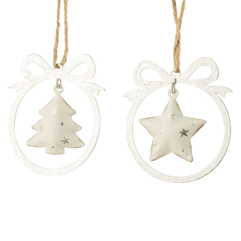 2 Asst&#39;d metal round shape ornament, silver rimmed bow with hanging white metal tree and star, 3 in  24