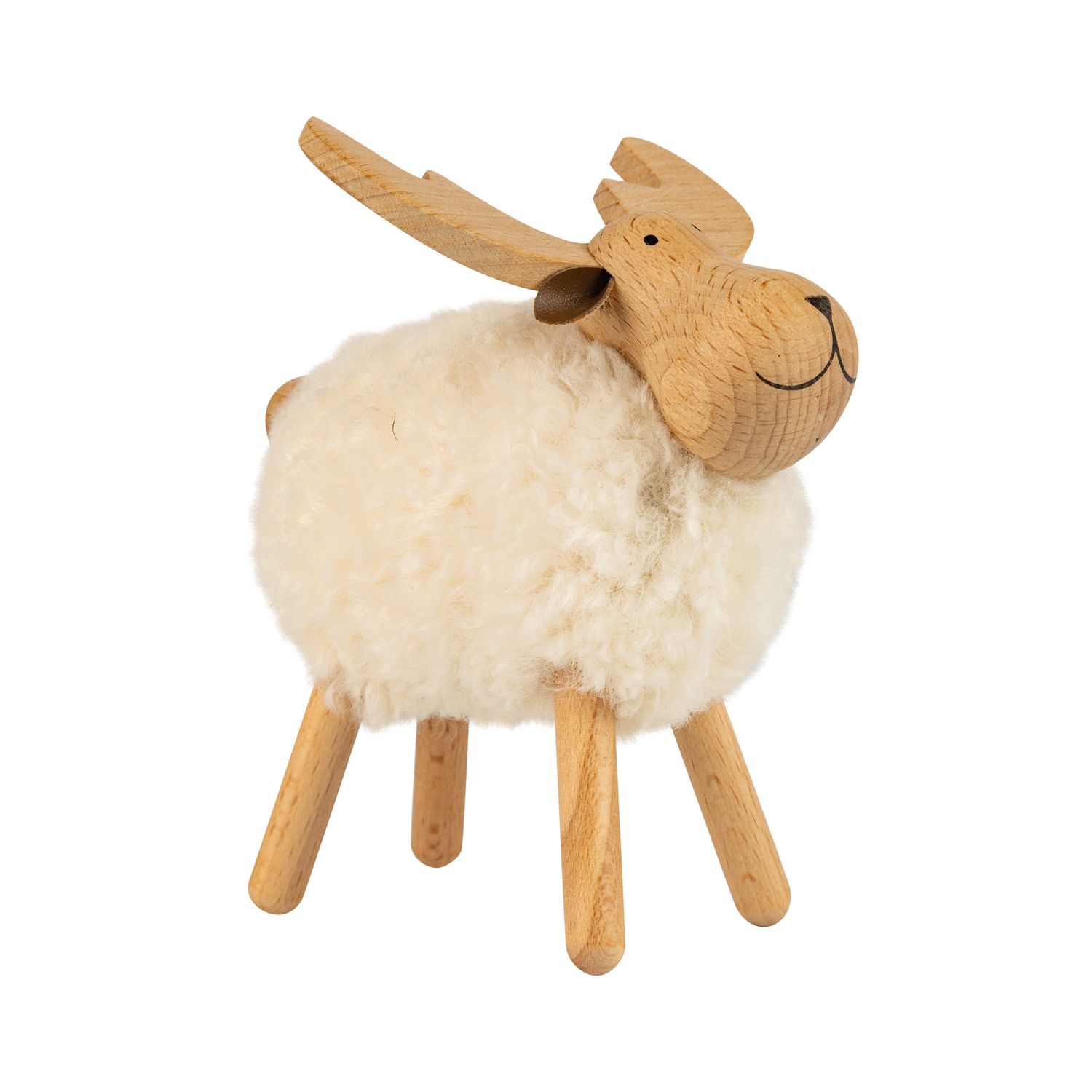 Wood standing reindeer table piece, natural peg legs with white wooly felt body, 5 in  4