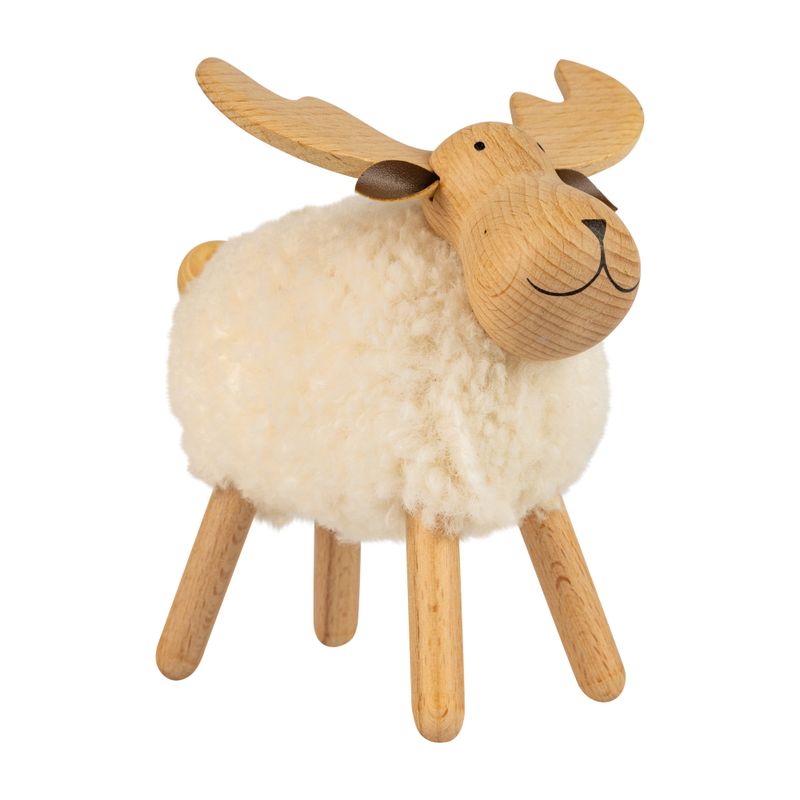 Wood standing reindeer table piece, natural peg legs with wooly felt body, 6 in  2