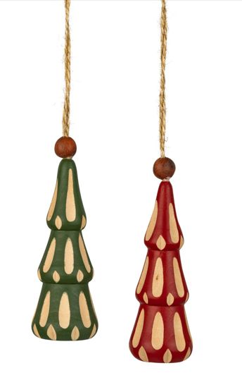 2 Asst&#39;d wood tiered tree ornament, red and green with teardrop painted inlay cut, 4 in  12