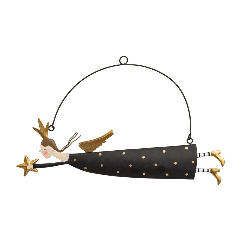 Metal angel ornament, black with gold dots flying sideways holding gold star, 9 in  6