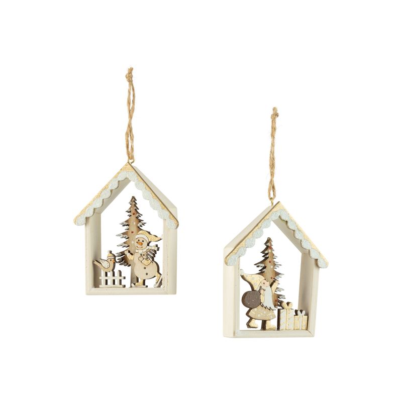 2 Asst&#39;d wood house ornament, natural and cream Santa with gold, 3 in  12