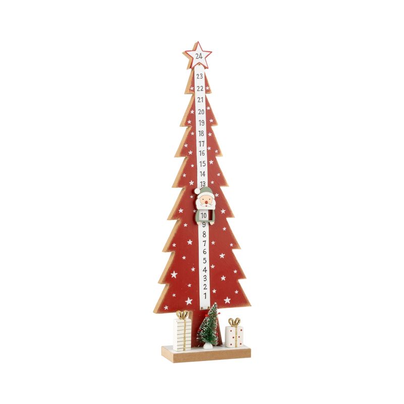 Wood tree advent calendar, tall red tree with moveable green Santa, 20 in  4