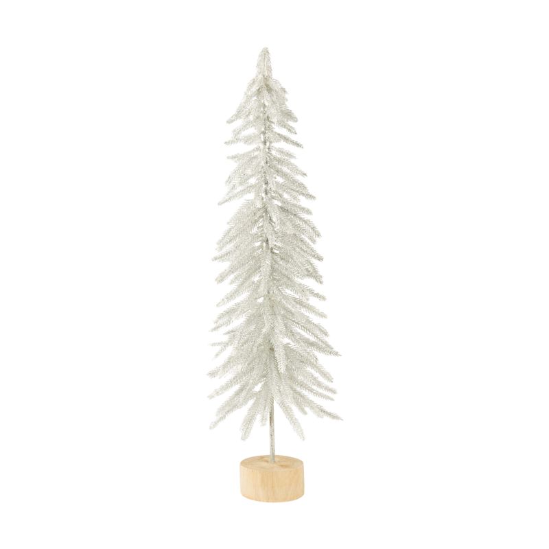 Frosted silver glitter on white branch table top trees on round wood base, 22 in  4