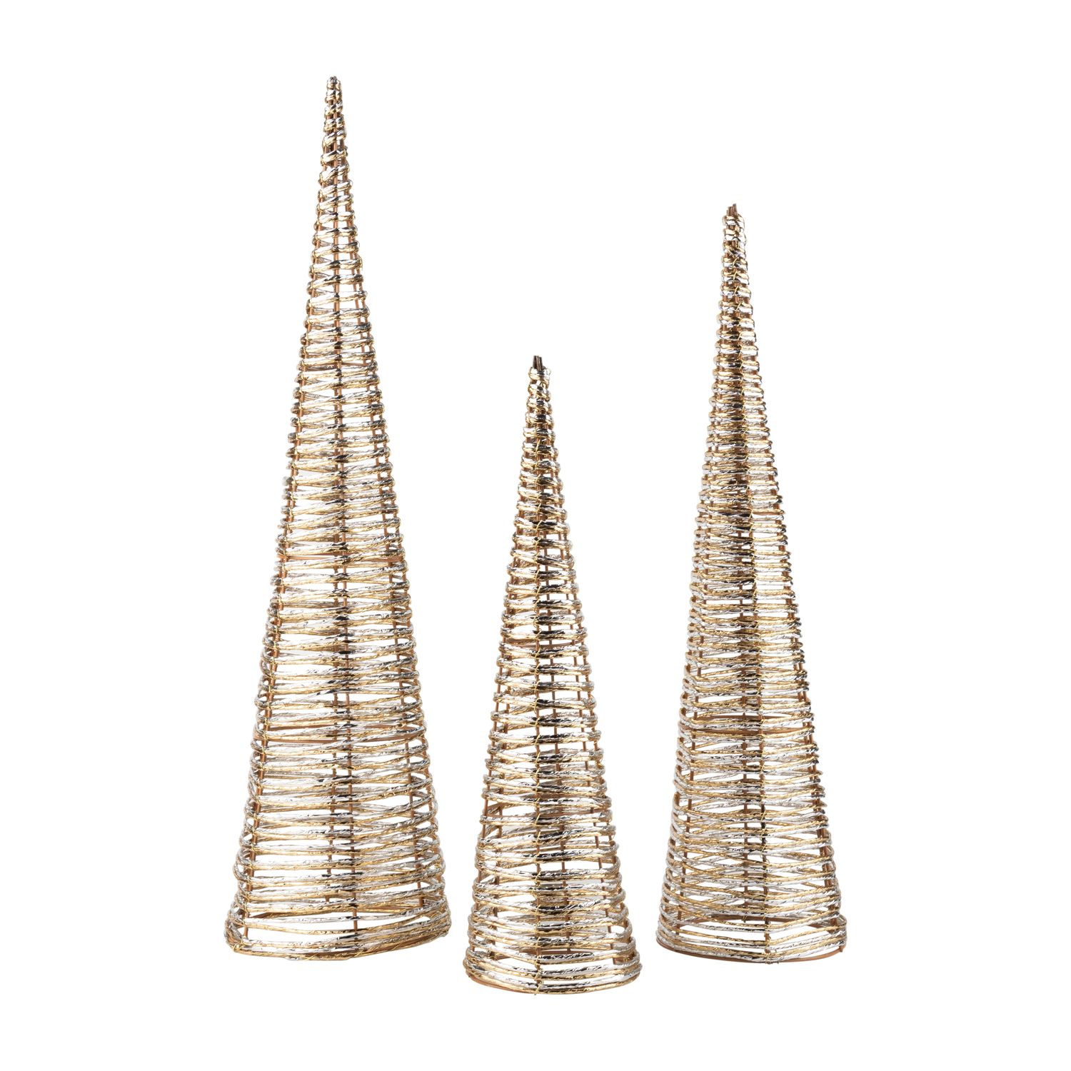Set of 3 paper wrapped wire cone tree table piece, metallic silver and gold paper wrap on metal cone, 16+20+24 in  3