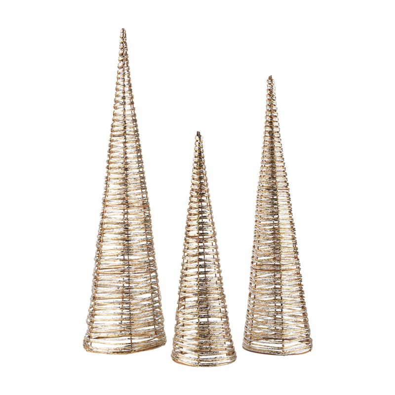 Set of 3 paper wrapped wire cone tree table piece, metallic silver and gold paper wrap on metal cone, 16+20+24 in  3