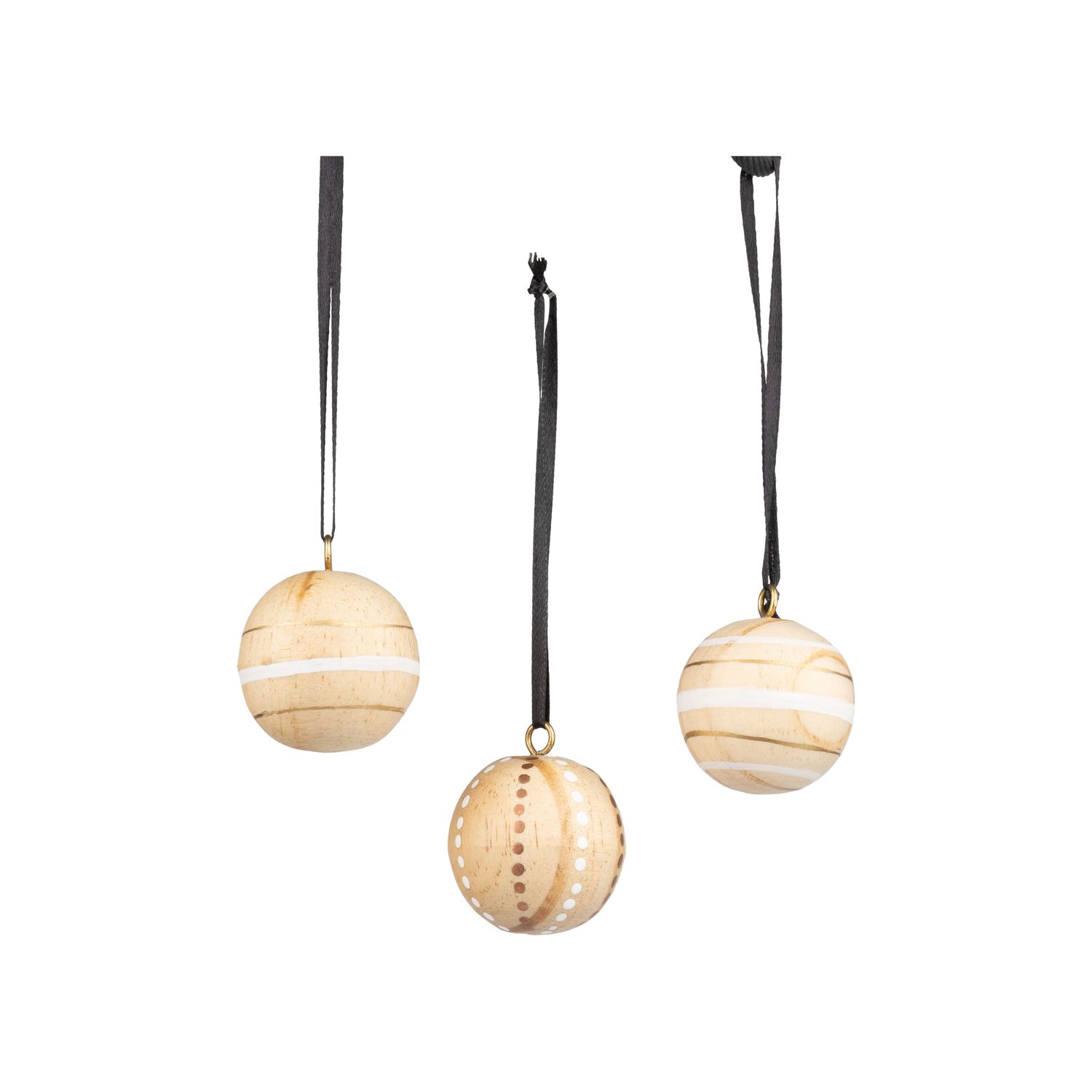 3 Asst&#39;d solid wood ball ornaments, white and gold painted pattern on natural, 1.5 in  24