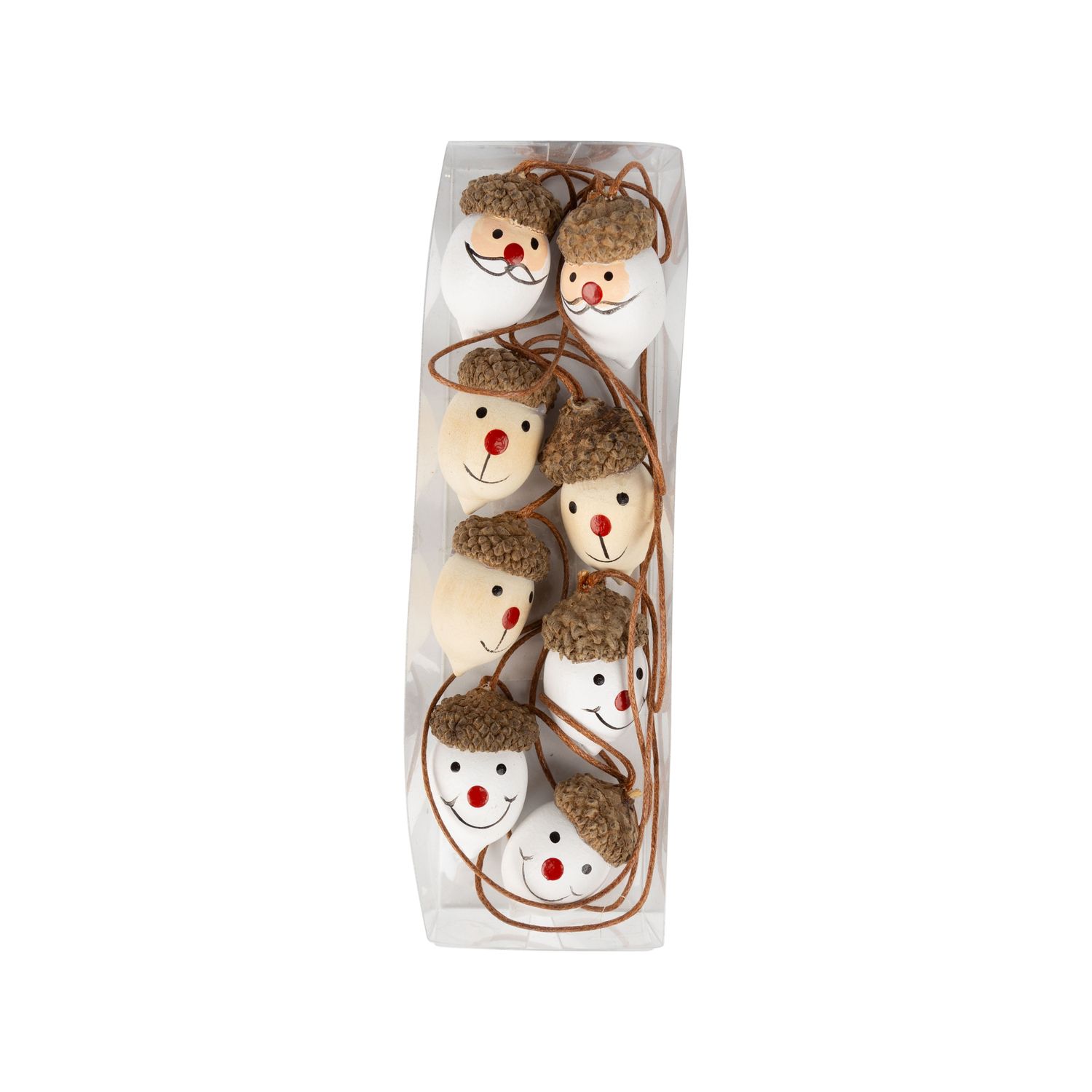 Set of 8 natural and painted wood acorn shape with Santa and snowman face ornaments, each 1 in  6