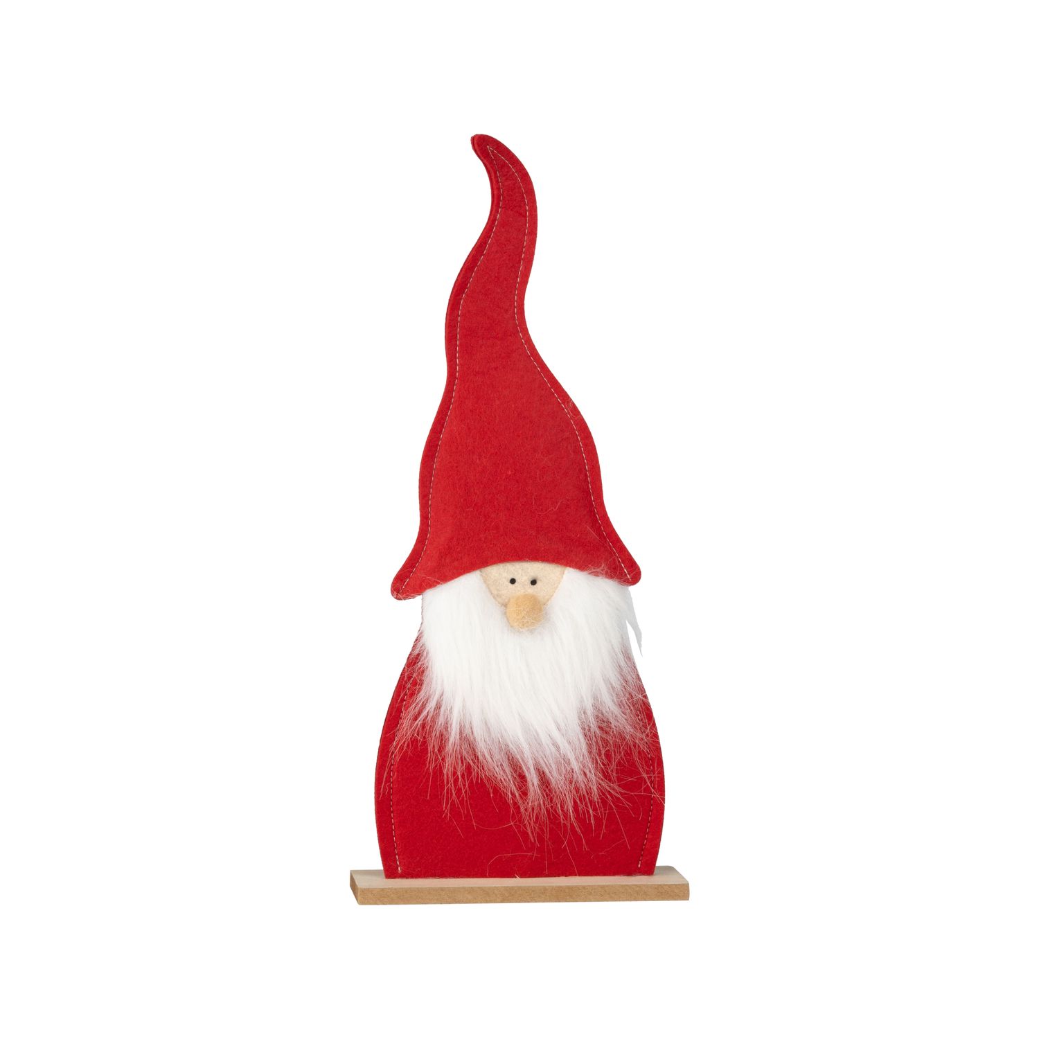 Red felt gnome with white beard on wood base, 15 in  6