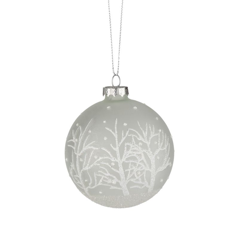 Glass ball ornament, frosted white with white branches, 80mm/3 in  12