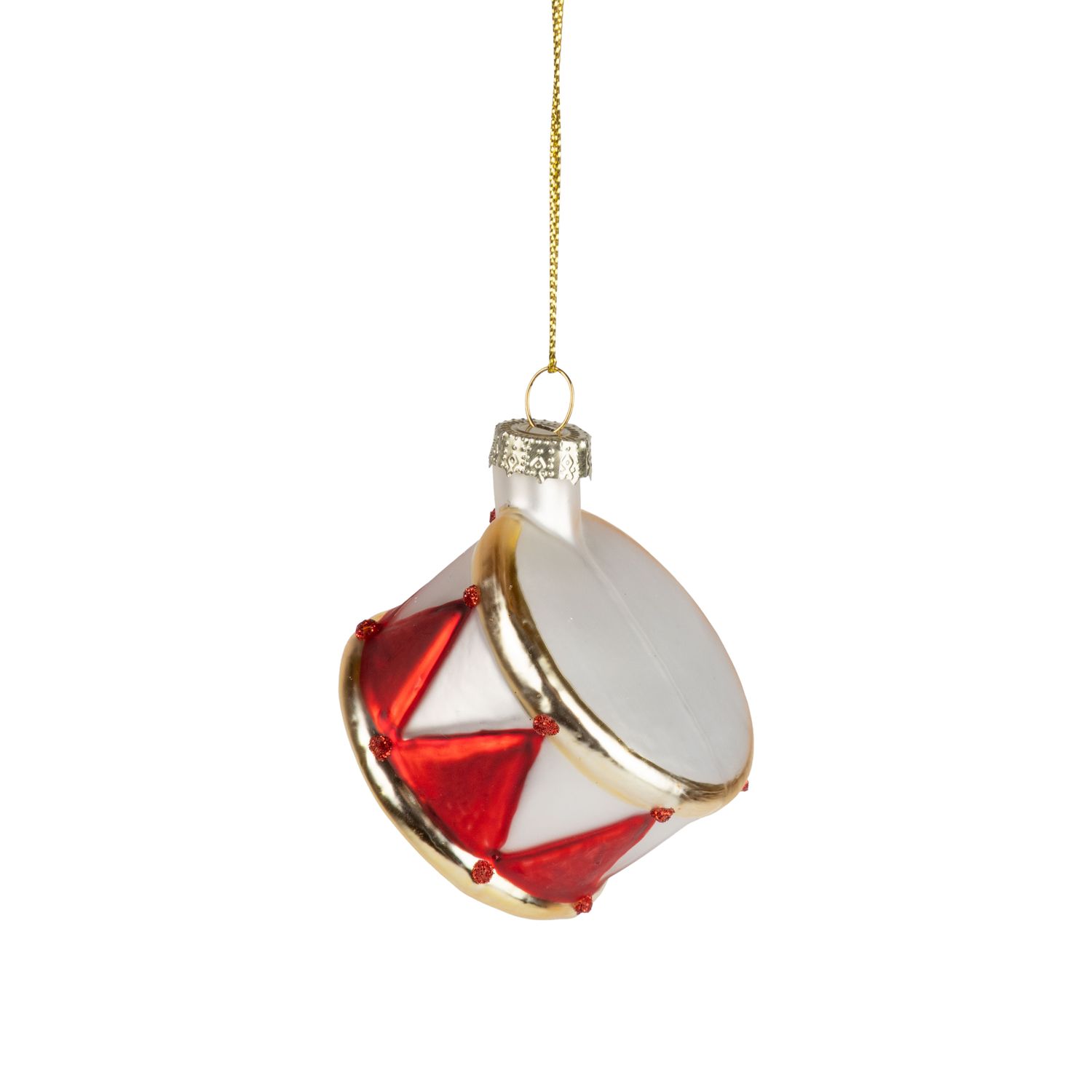 Glass drum ornament, red, white and gold, 2.5 in  12