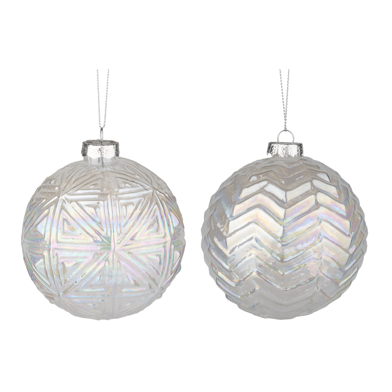 2 Asst&#39;d molded glass ball ornaments clear iridescent, 100mm/4 in  12