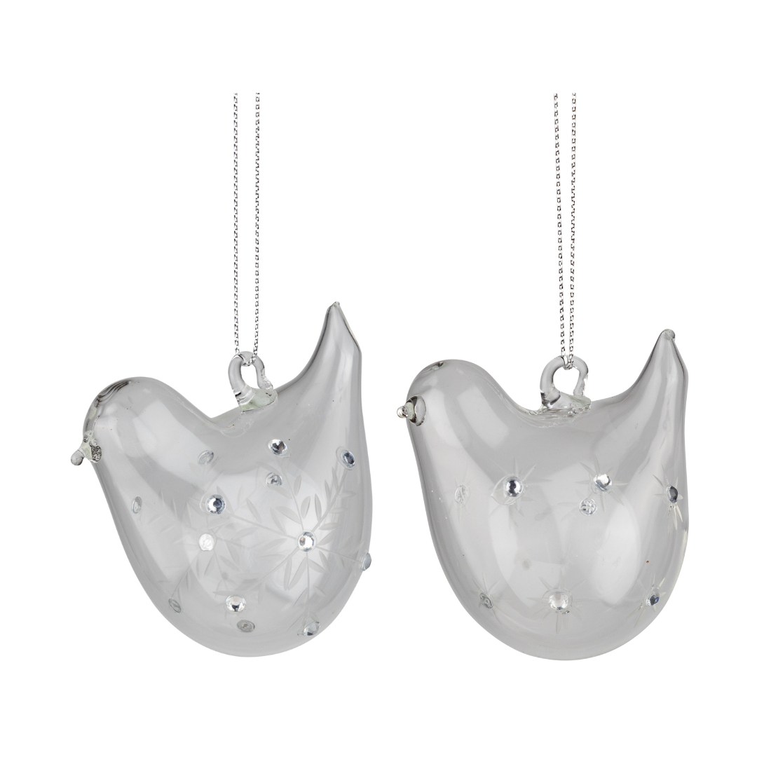 2 Asst&#39;d blown glass bird ornaments, clear with etched center and clear jewels, 2.75 in  12