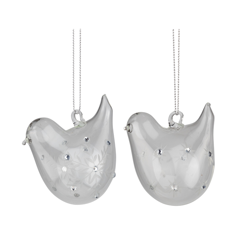 2 Asst&#39;d blown glass bird ornaments, clear with etched center and clear jewels, 2.75 in  12