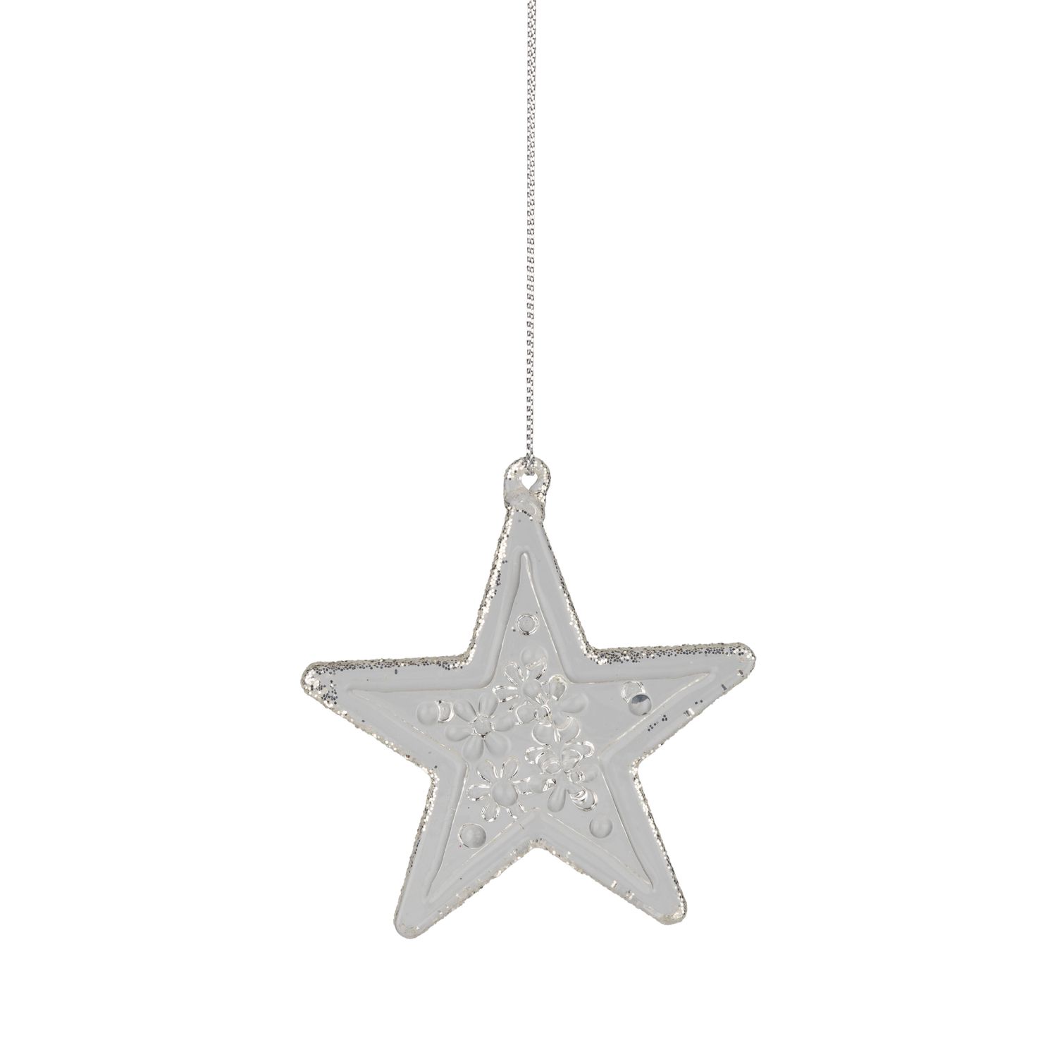 Molded glass star ornament, clear with platinum silver glitter edge, 2.5 in  12