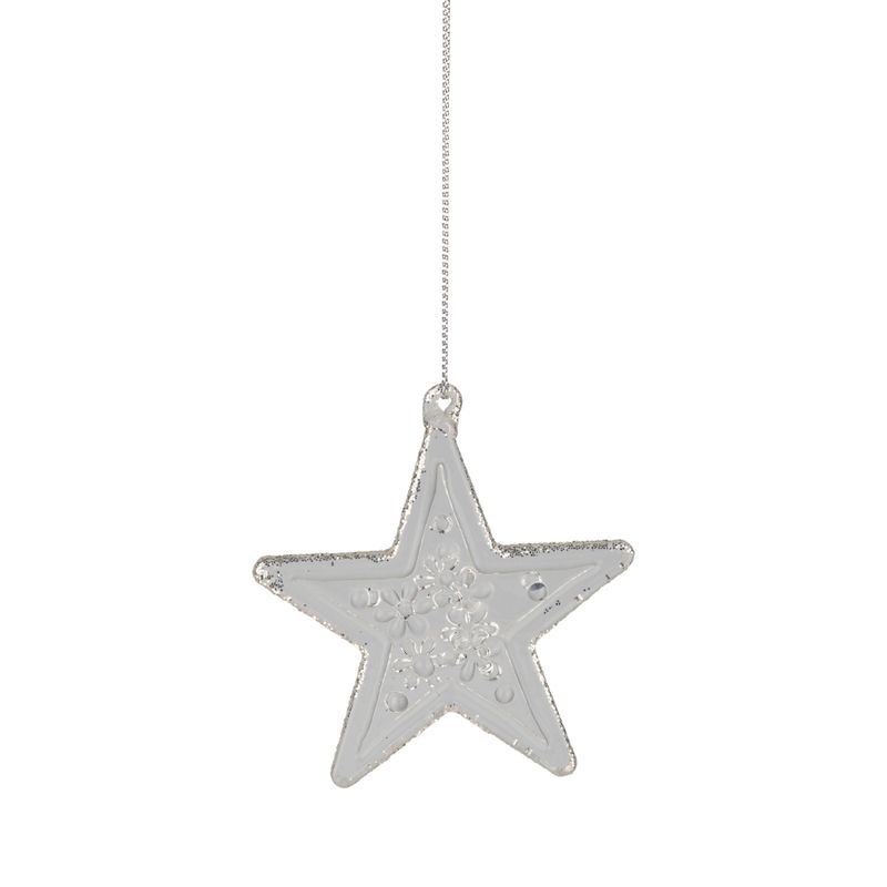Molded glass star ornament, clear with platinum silver glitter edge, 2.5 in  12