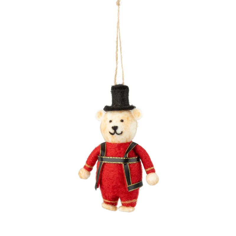 Felt kings guard bear ornament, red sweater and black top hat, 5 in  6