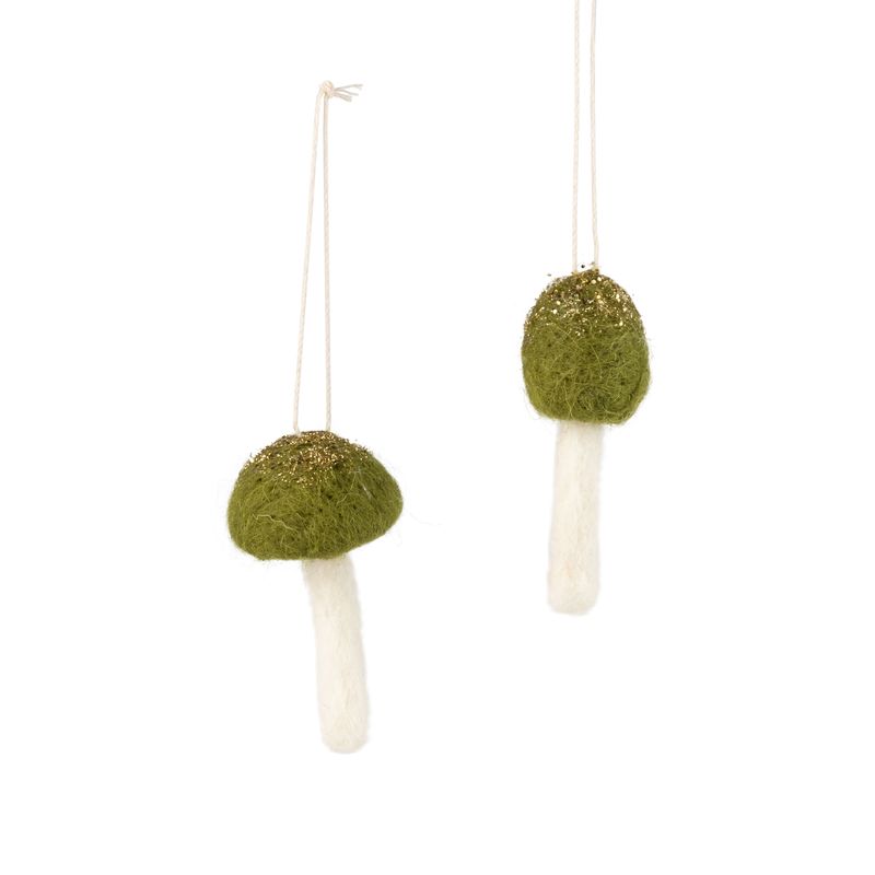 2 Asst&#39;d felt mushroom ornament, wide green felt cap with glitter, 3 in  24