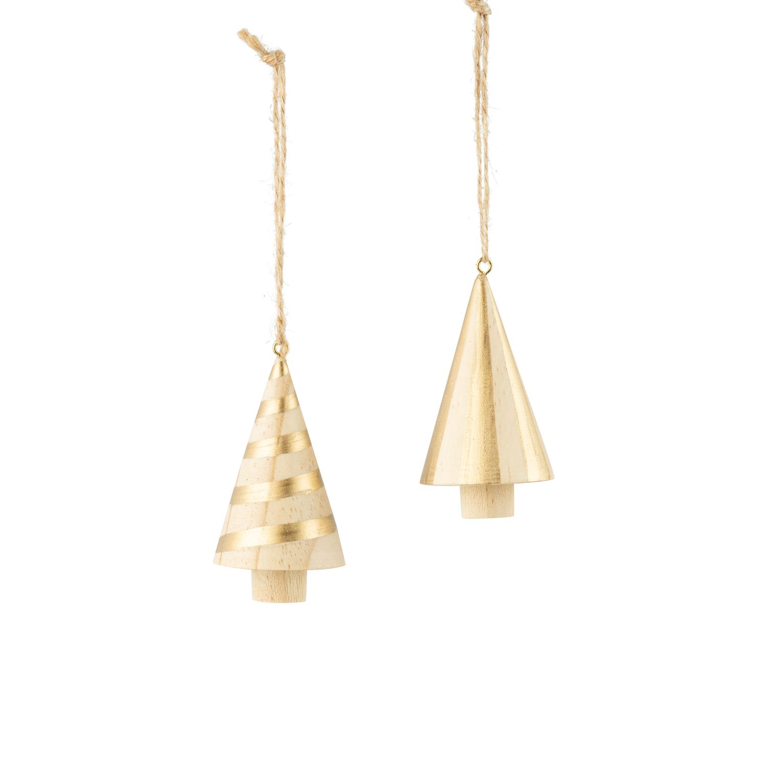 2 Asst&#39;d wood cone tree ornament, gold ribbon swirl and gold cone stripe, 3+3.5 in  16