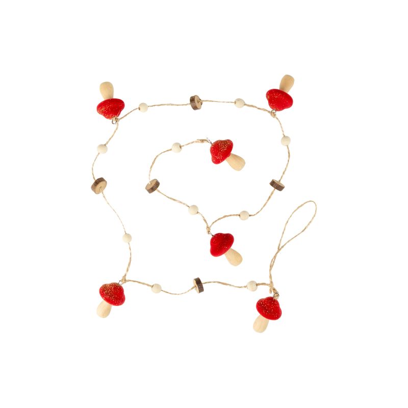 Wood mushroom garland, red flock cap, 35 in  6