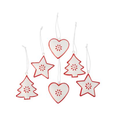 Set of 6 metal white and red miniature star, heart and tree ornament, 3.75 in  6
