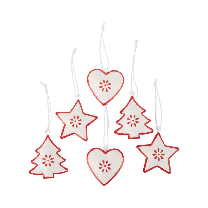 Set of 6 metal white and red miniature star, heart and tree ornament, 3.75 in  6