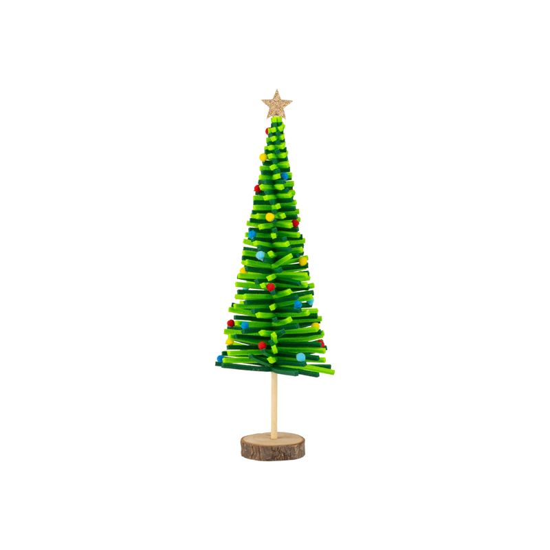 Felt tree table piece, green with gold star colorful felt lights on wood pedestal base, 17.75 in  4