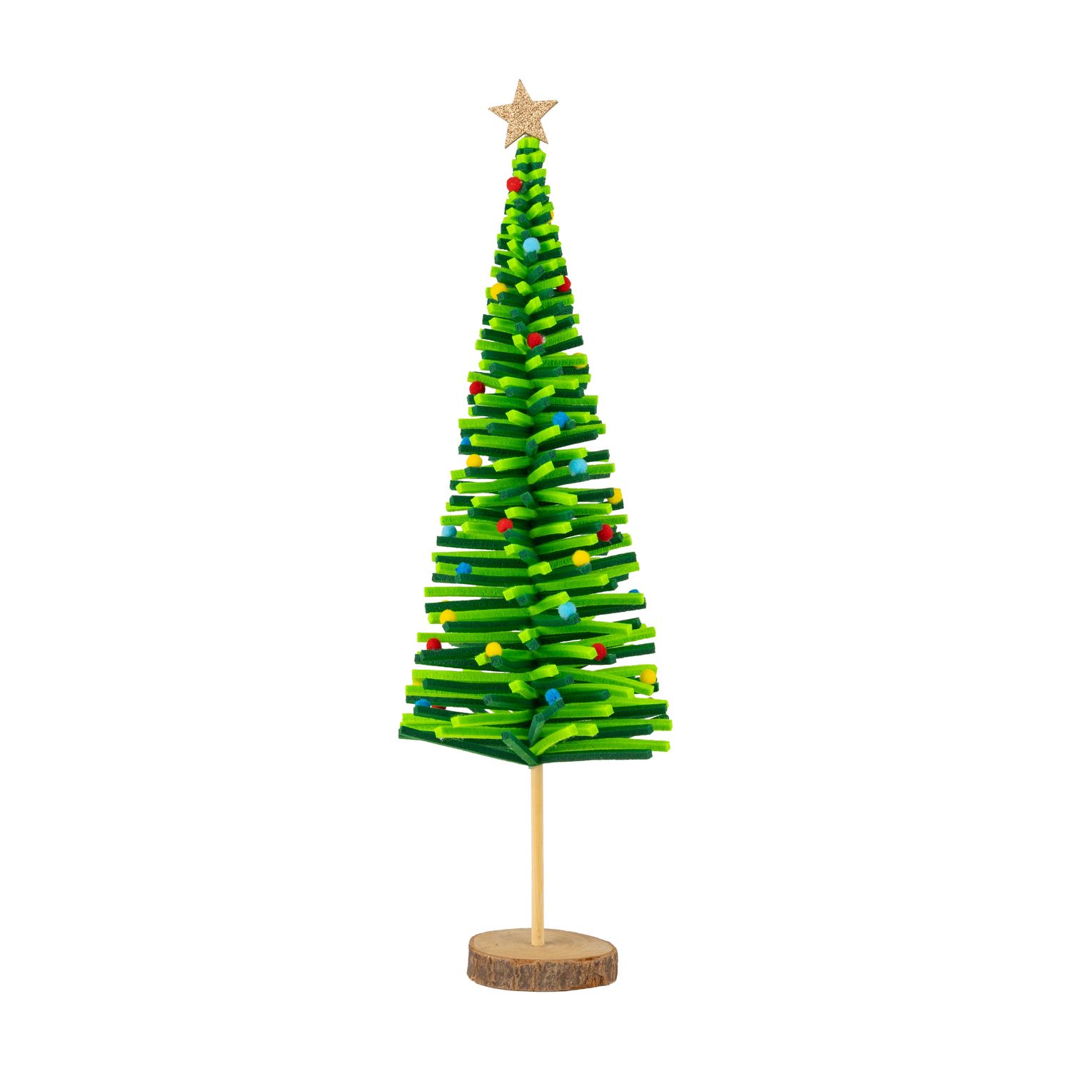 Felt tree table piece, tall green tree with gold star and colorful felt pompoms on wood pedestal base, 21.5 in  4