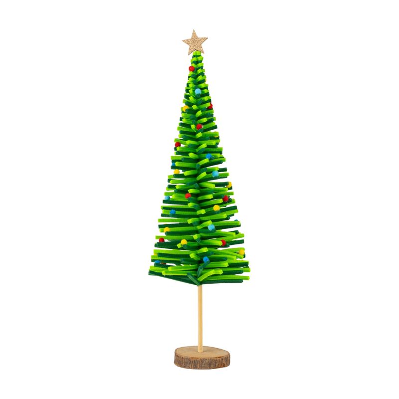 Felt tree table piece, tall green tree with gold star and colorful felt pompoms on wood pedestal base, 21.5 in  4