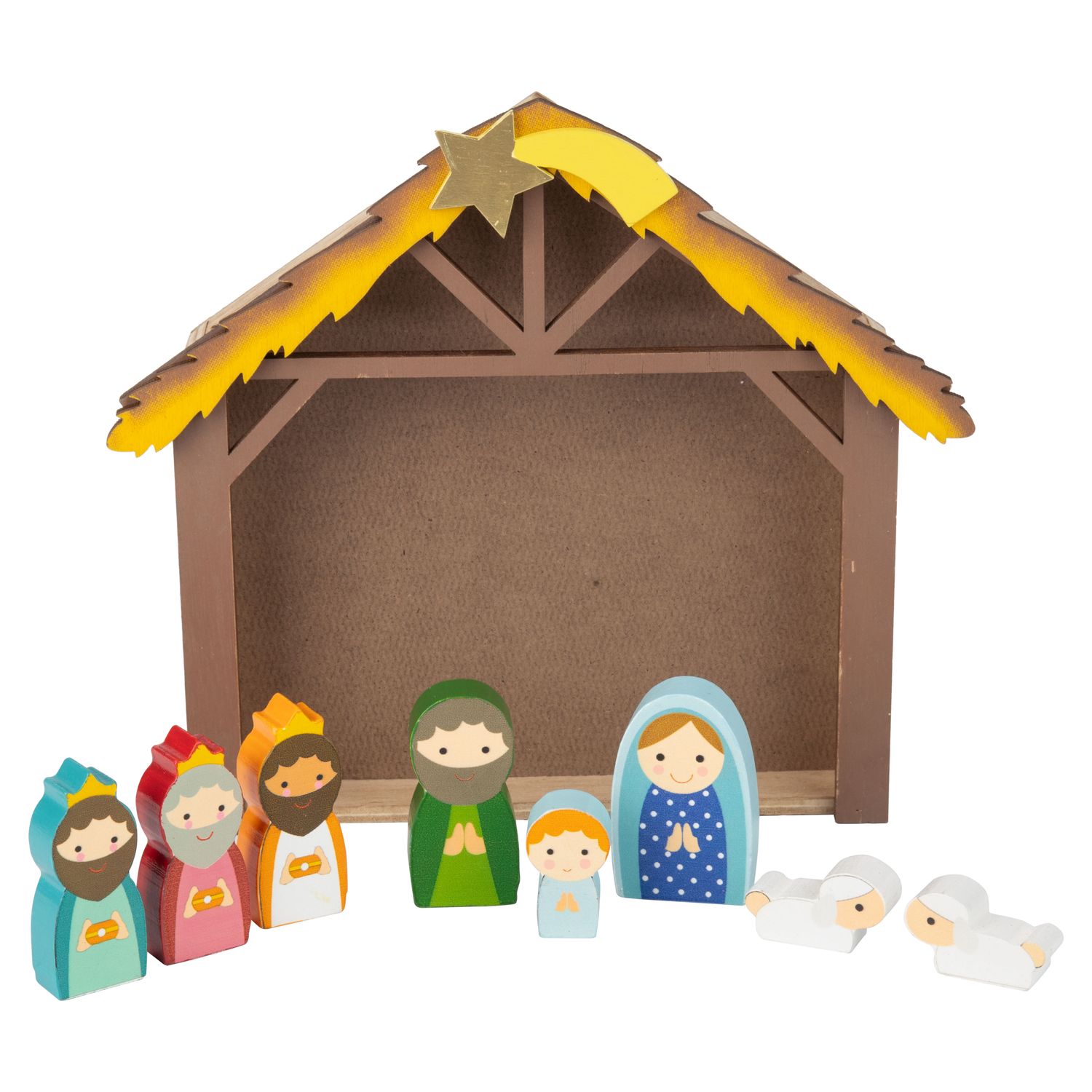 Set of 9 wood nativity with moveable pieces, table piece, brown manger with yellow roof, 7.5 in  6