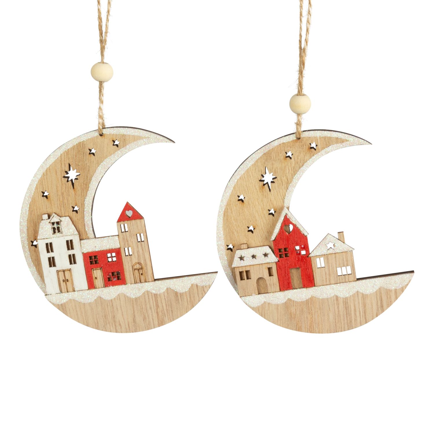 2 Asst&#39;d moon ornament, natural wood crescent moon with red house and star cut outs glittered back, 4 in  24