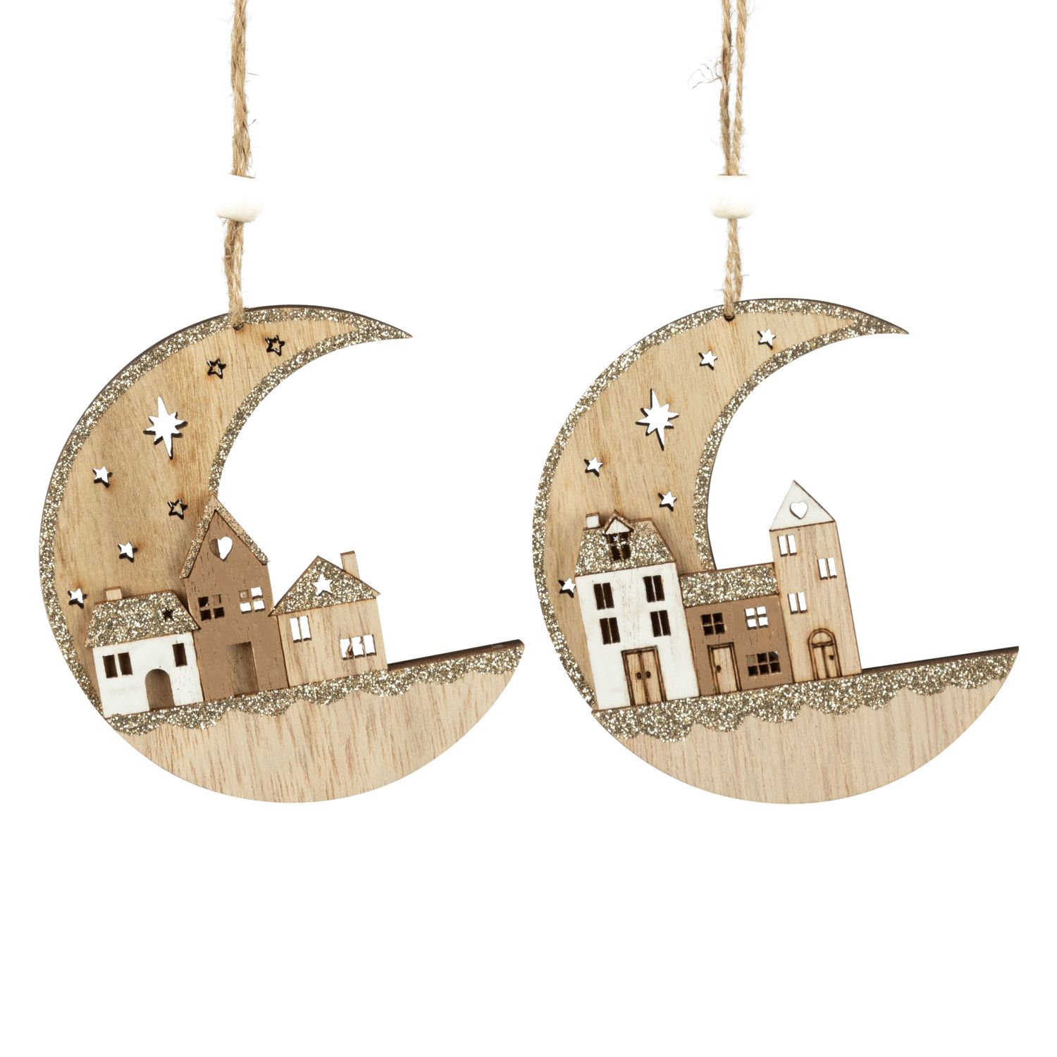 2 Asst&#39;d moon ornament, natural wood crescent moon with houses and star cut outs, glittered back, 4 in  24