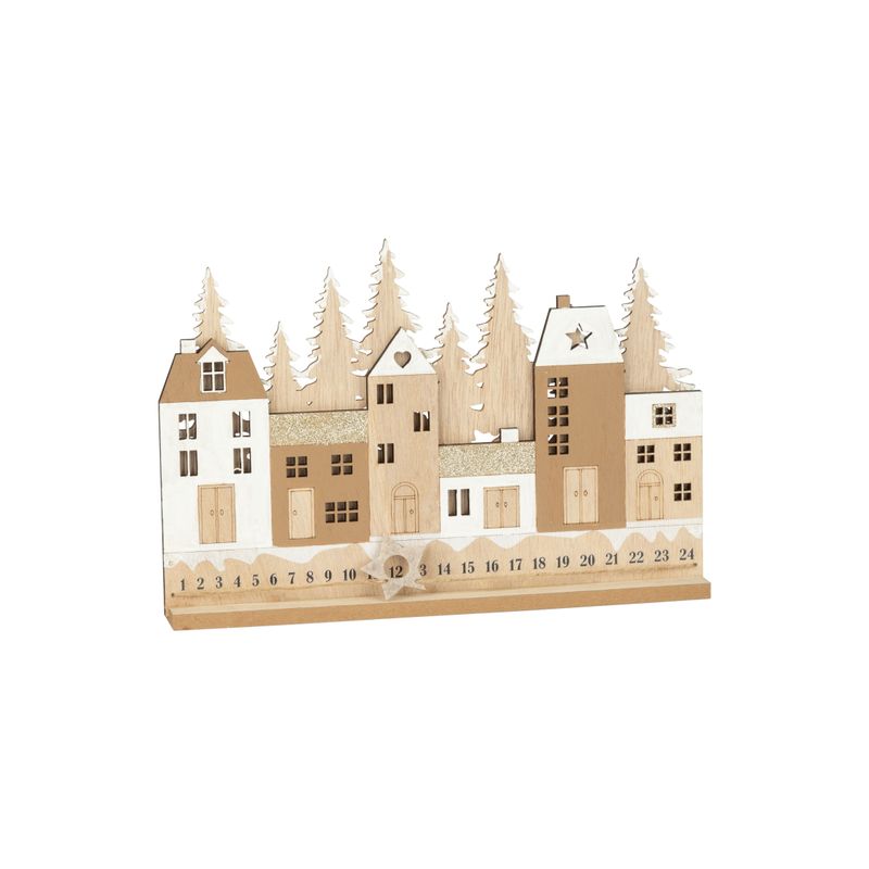 Wood village advent calendar table piece, natural wood with neutral tone homes, moveable star on wood base, 12 in  6