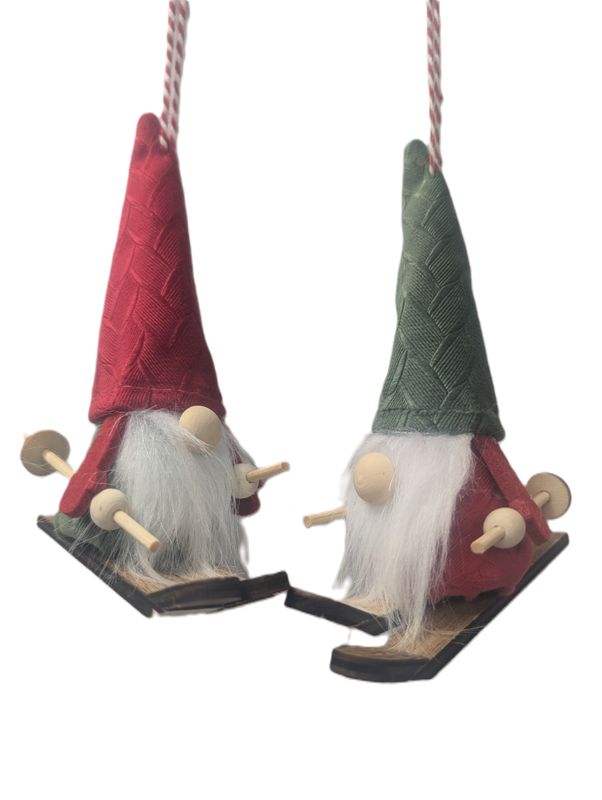 2 Asst&#39;d felt and wood gnome, green and red tall cone hat on natural wood skis, 5.5 in  12