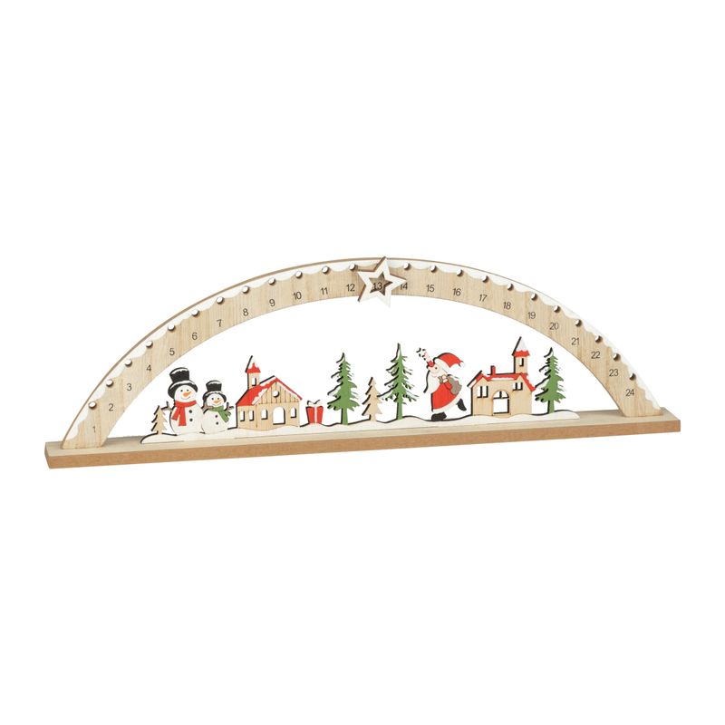 Dome advent calendar table piece, village with Santa, snowman, houses and trees on natural wood base, 16.5 in  6