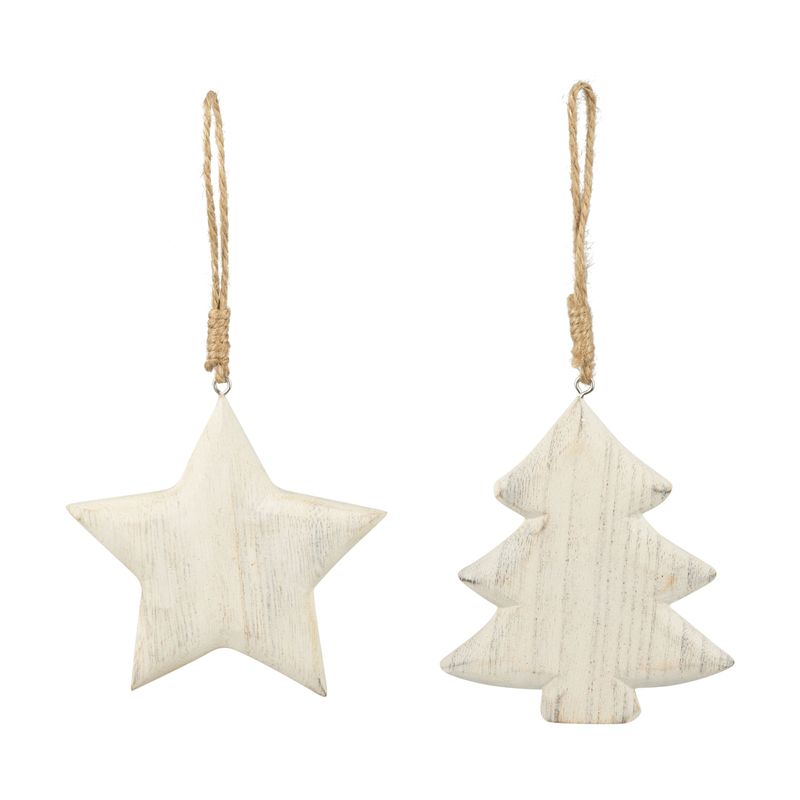 2 Asst&#39;d wood ornament, off white wash, tree and star, 4.5 in  24