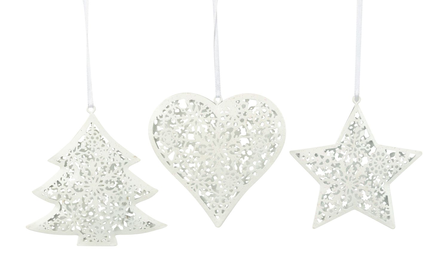 3 Asst&#39;d metal silver ornament, tree, star and heart with snowflake design, 3.5 in  36