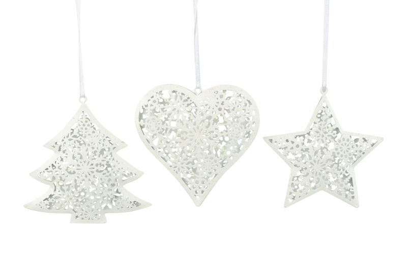 3 Asst&#39;d metal silver ornament, tree, star and heart with snowflake design, 3.5 in  36