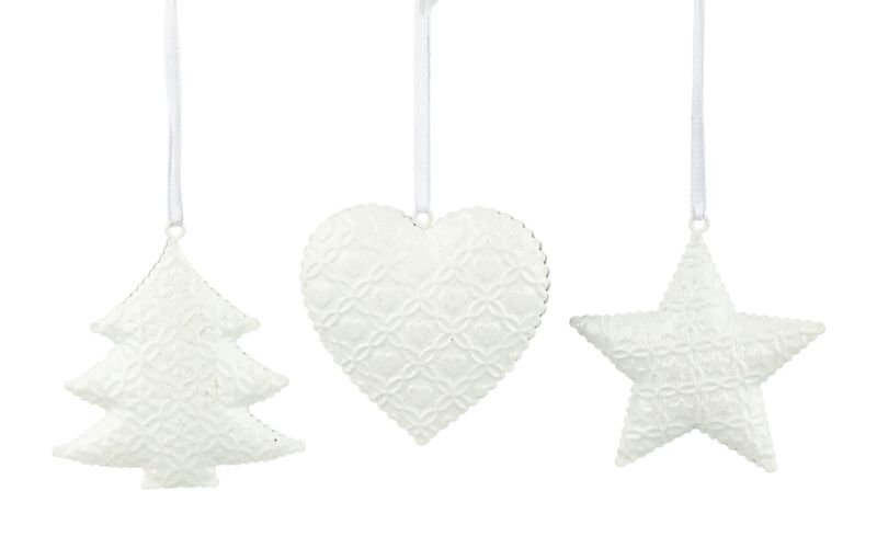 3 Asst&#39;d embossed silver ornament, tree, star and heart, 3 in  36