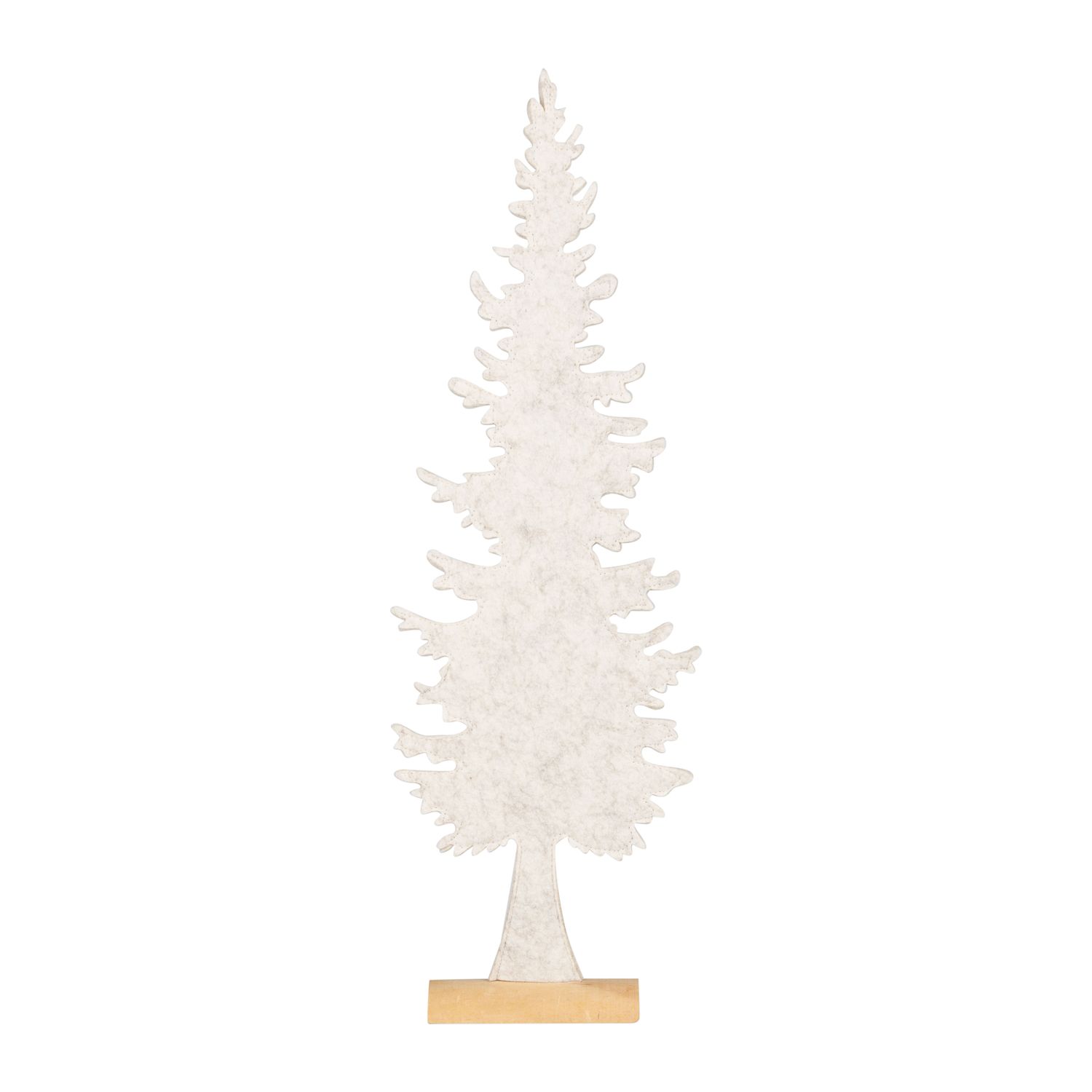 Felt balsam fir tree table piece, antique white on natural wood base, 22.5 in  6