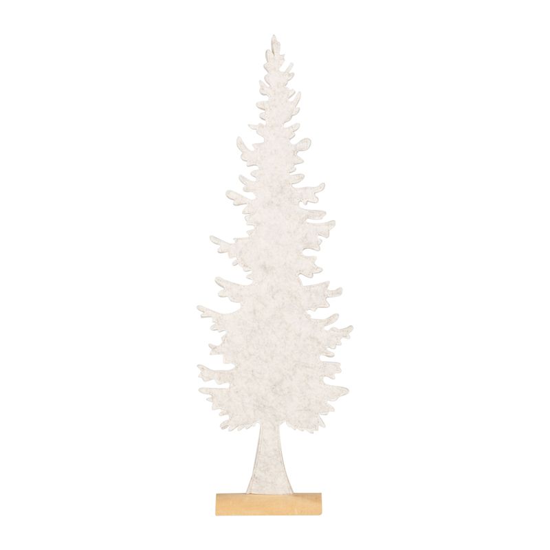 Felt balsam fir tree table piece, antique white on natural wood base, 22.5 in  6