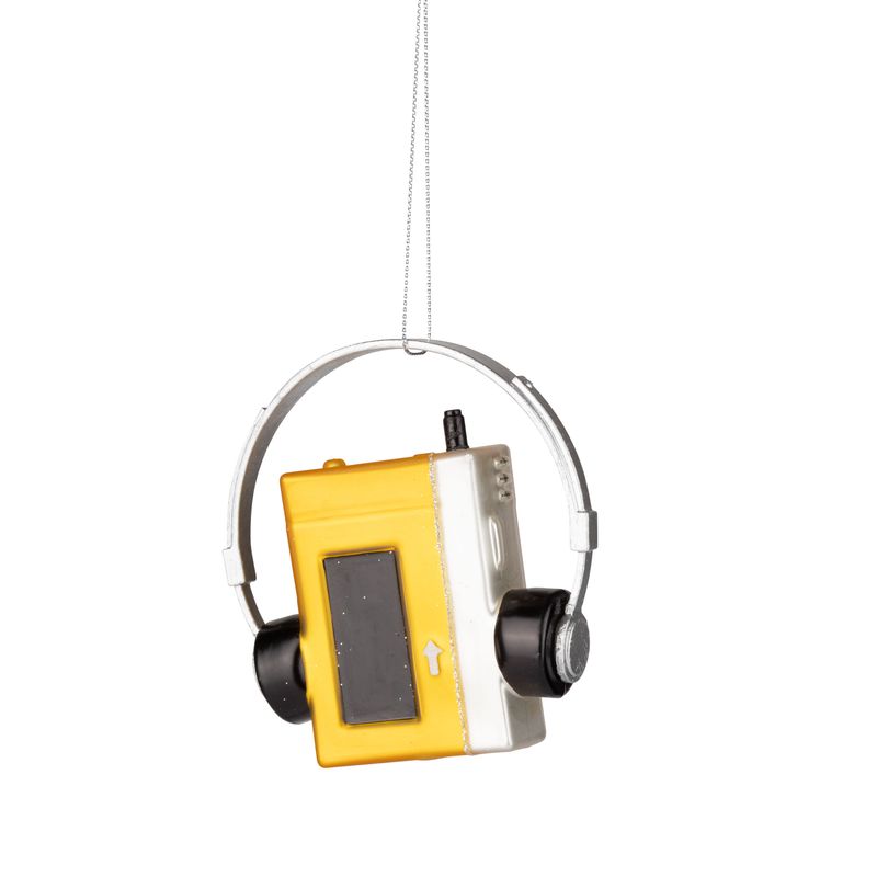Glass vintage yellow cassette player ornament, 3.5 in  6