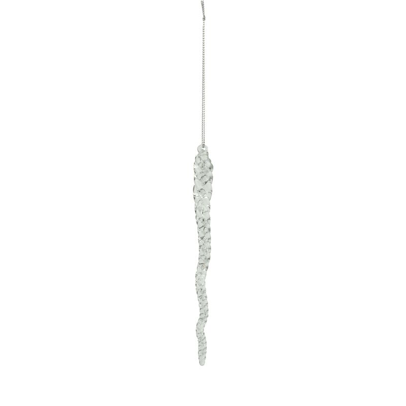 Twisted glass icicle ornament, clear with white frost ribbon interior swirl, 7 in  12