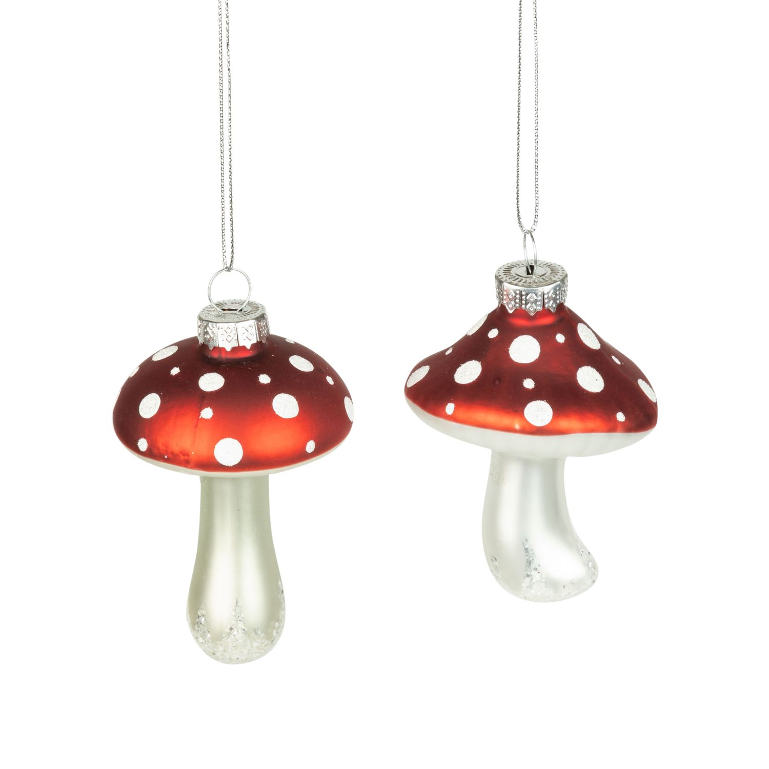 2 Asst&#39;d glass mushroom ornament, silver stem with red cap, 80+60mm/3+2 in  12