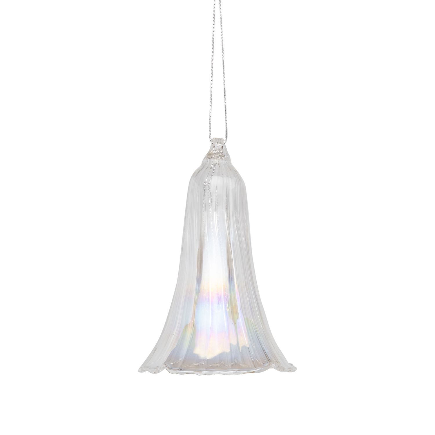 Glass trumpet flower bell ornament, clear iridescent, 3.5 in  12