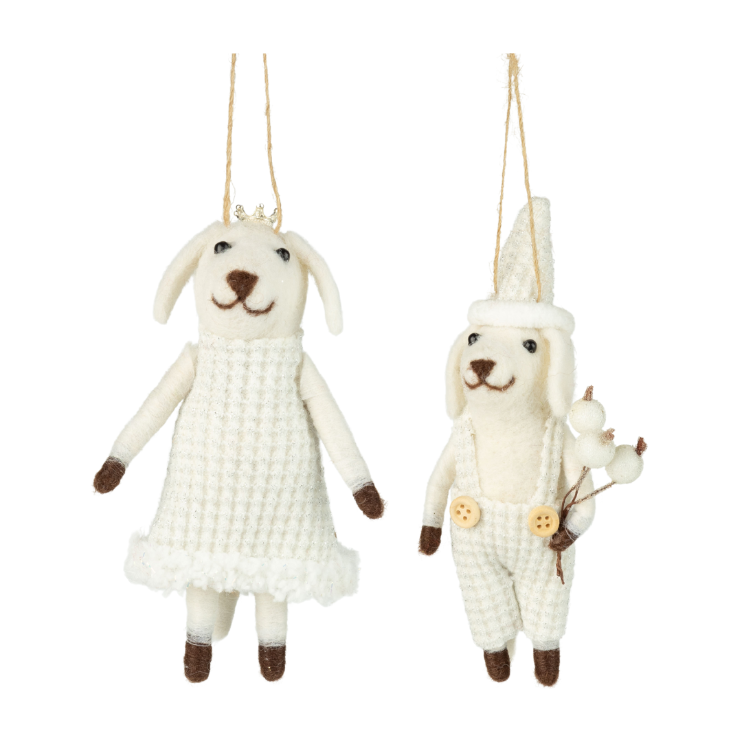 2 Asst&#39;d felt dog ornaments, white and silver with plush trim, 5 in  12