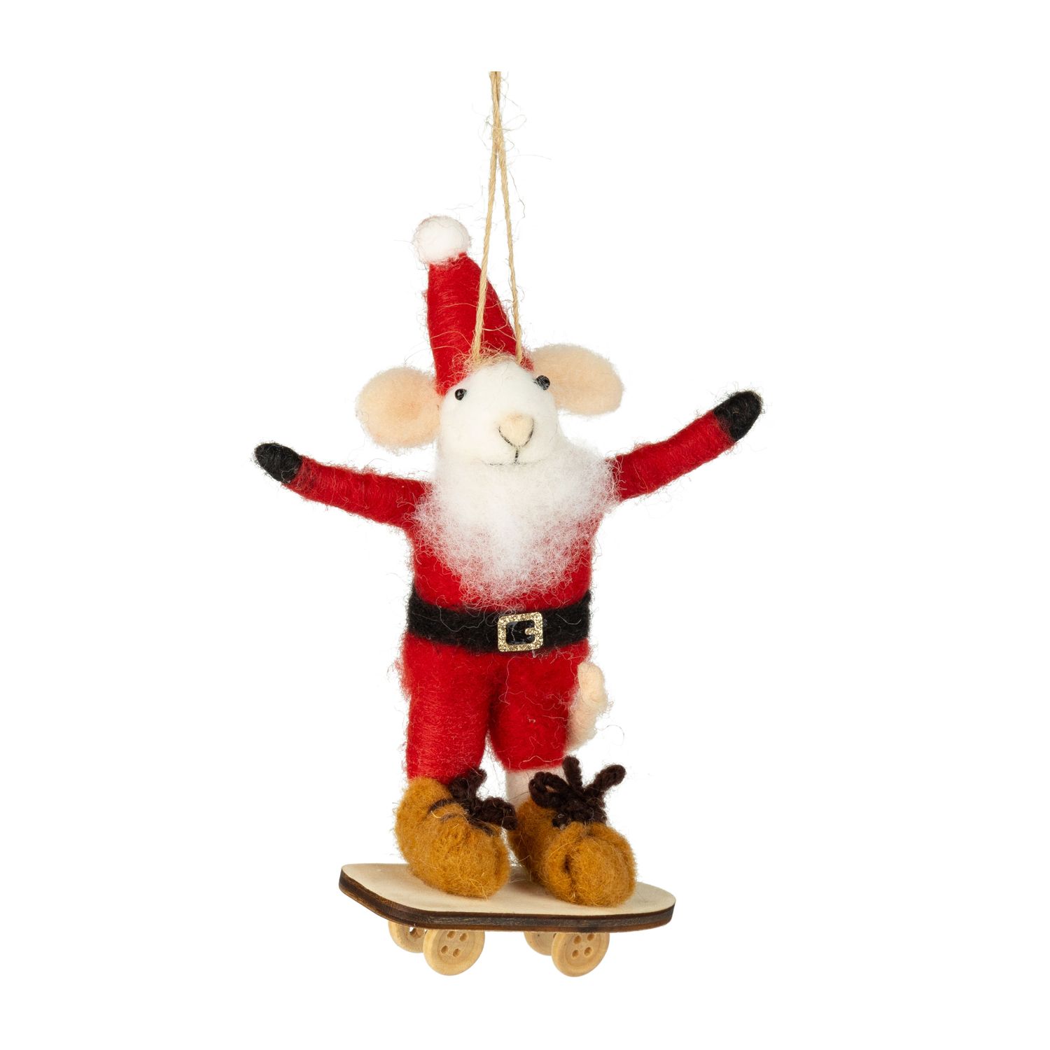 Felt mouse ornament, Santa mouse on snowboard wearing red Santa suit, 5.5 in  6