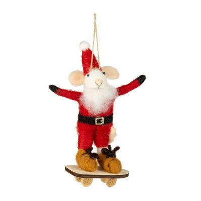 Felt mouse ornament, Santa mouse on snowboard wearing red Santa suit, 5.5 in  6
