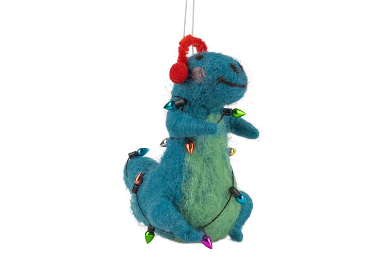 Felt dinosaur wrapped in light string ornament, blue, 4 in  8