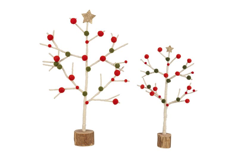 Set of 2 felt tabletop trees on wood base, green and red pompoms on white stem, 8.5 in  4